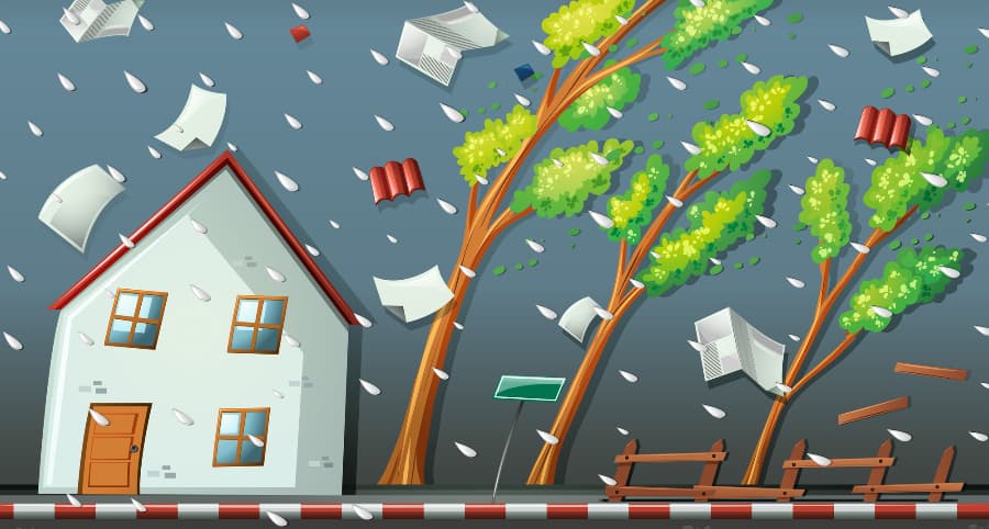 Representation of a storm striking a house and the surrounding environs